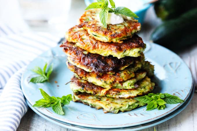 Kolokithokeftedes on a blue plate