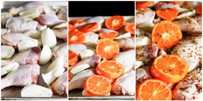 Process shots of making mustard chicken with clementines