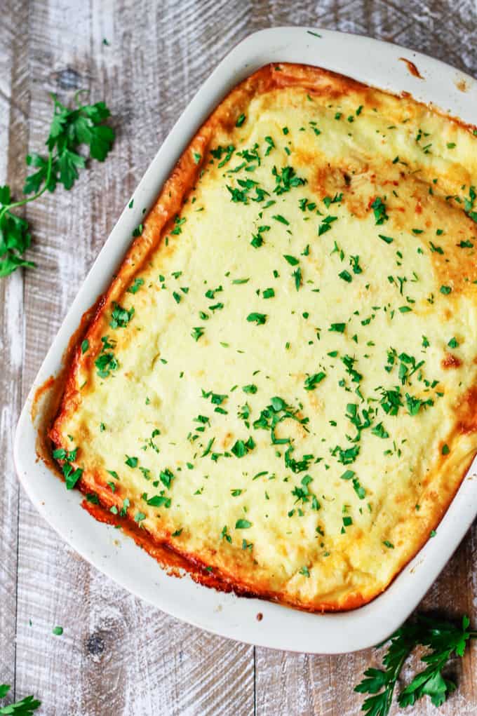 Vegetarian moussaka in casserole dish