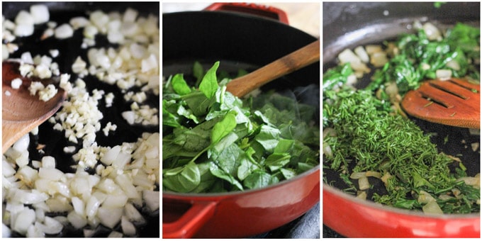 Preparing spinach feta layer for vegetarian moussaka