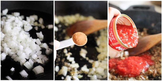 Making tomato sauce for vegetarian moussaka