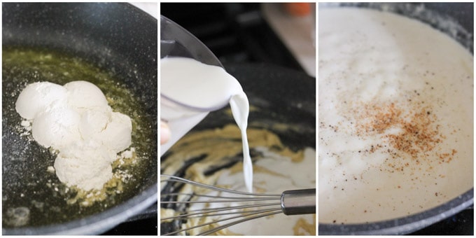Preparing bechamel sauce for vegetarian moussaka