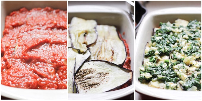 Assembling Greek vegetarian moussaka