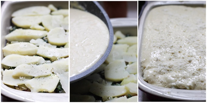 Assembling vegetarian moussaka in casserole dish