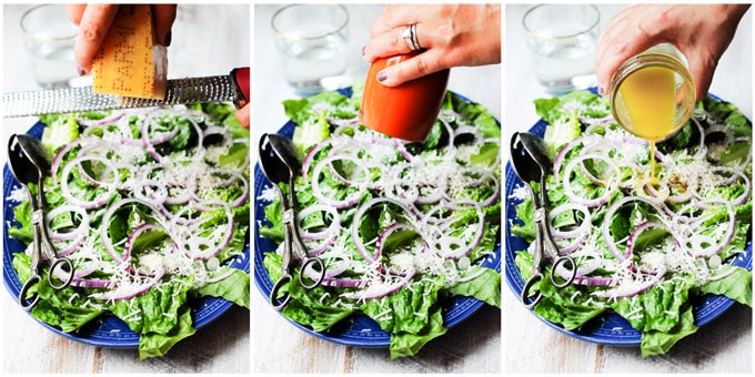 Process shots of making the best green salad