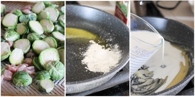 Process shots of making cheesy Brussels Sprouts