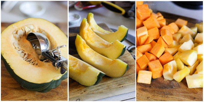 Process photos of making acorn butternut squash casserole