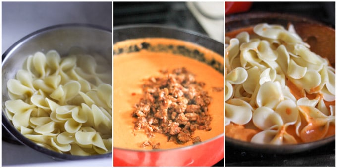 final steps of making pasta alla vodka with spicy sausage