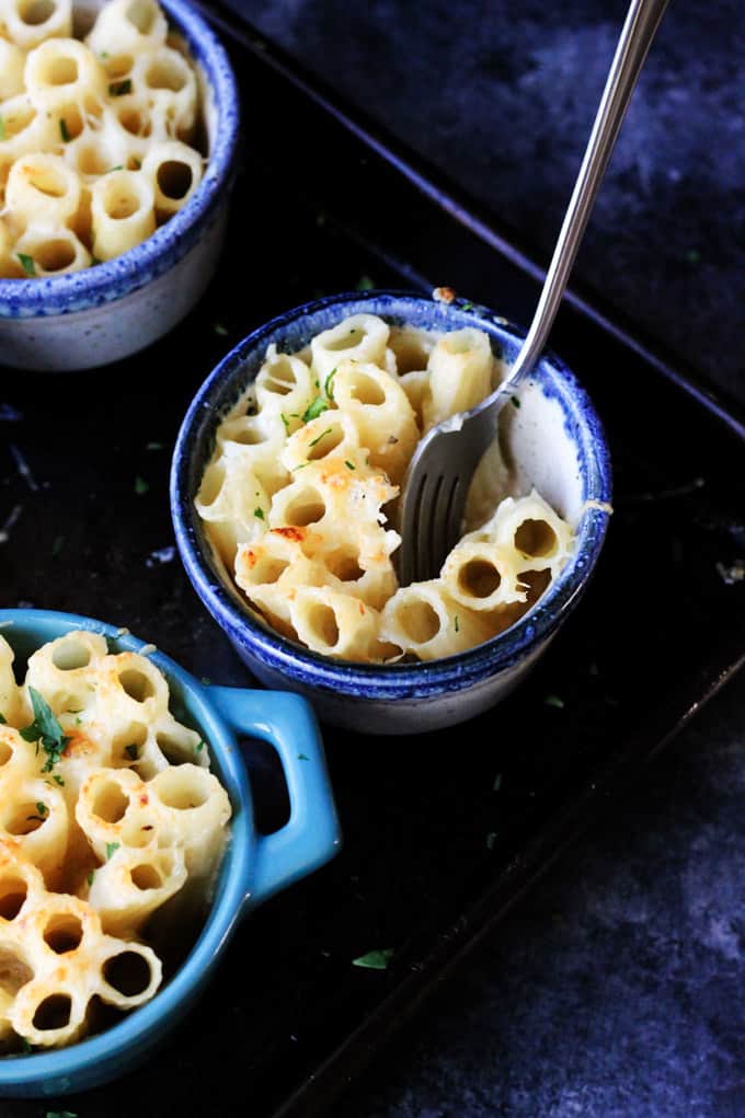 Cheesy Pasta Bake in Individual Ramekin with fork