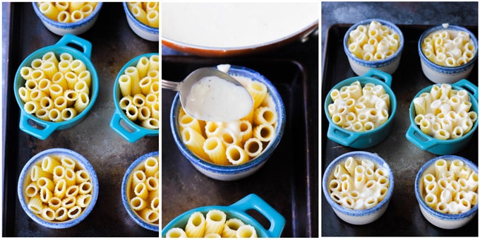 Process shots of preparing individual pasta bakes with Mahon cheese