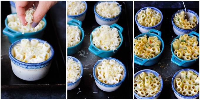 Process shots of final stages of preparing individual pasta bakes