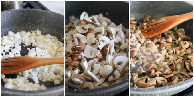 Process shots of making mushroom filling for pierogi