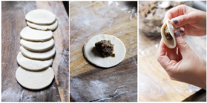 Process shots of making mushroom pierogi uszka