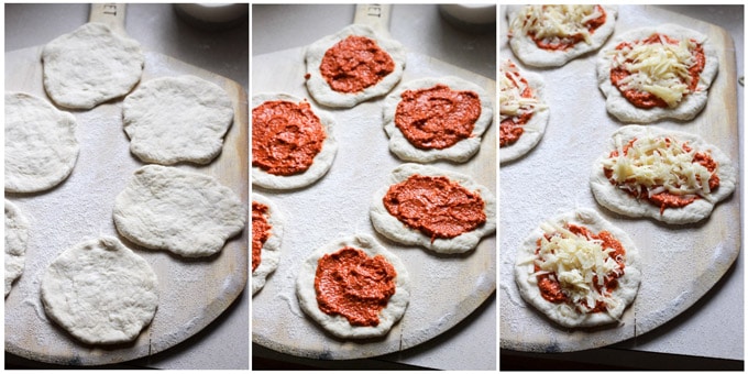 Process shots of making pizzette with garlic shrimp