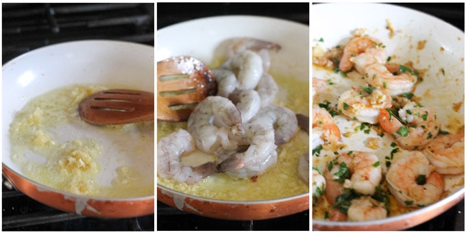 Process shots of making garlic shrimp for pizzette