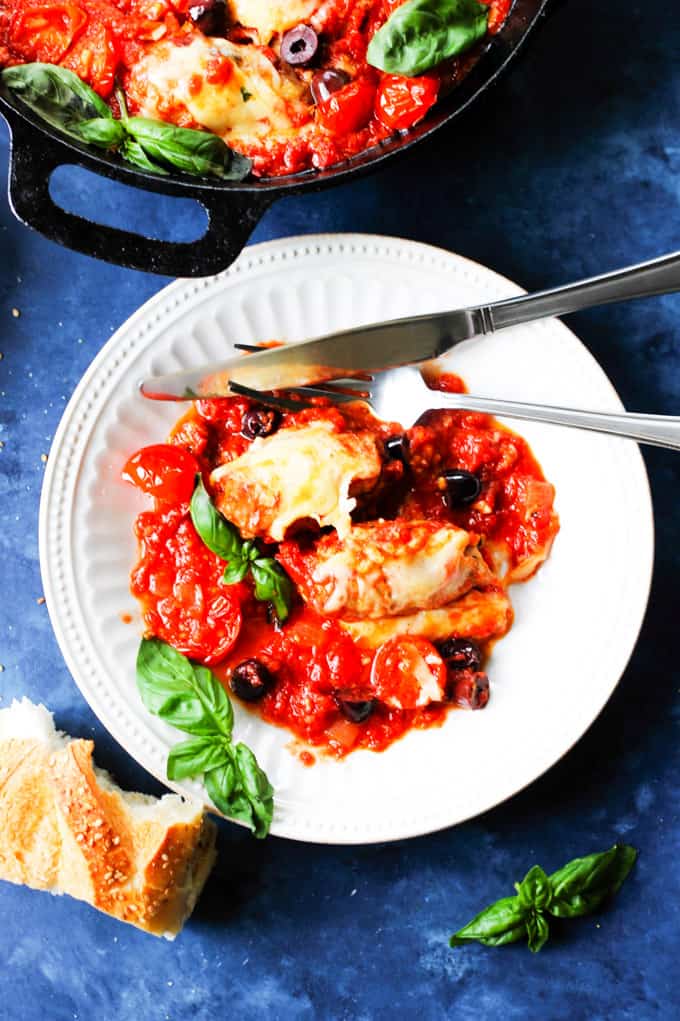 Veal Rollatini with Basil, Roasted Peppers, Cheese in Tomato Olive Sauce