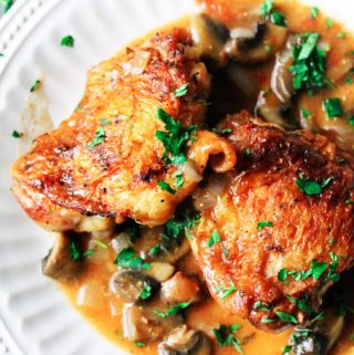 Overhead shot of hunters chicken on a white plate
