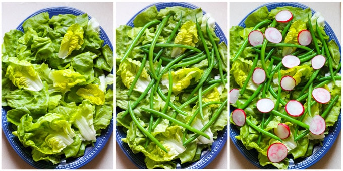 Process shots of assembling French salad