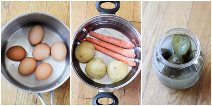 Process shots of making Russian Salad