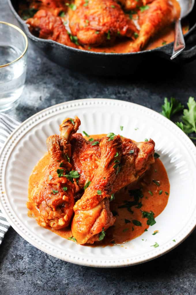 Hungarian Chicken Paprikash on a white plate