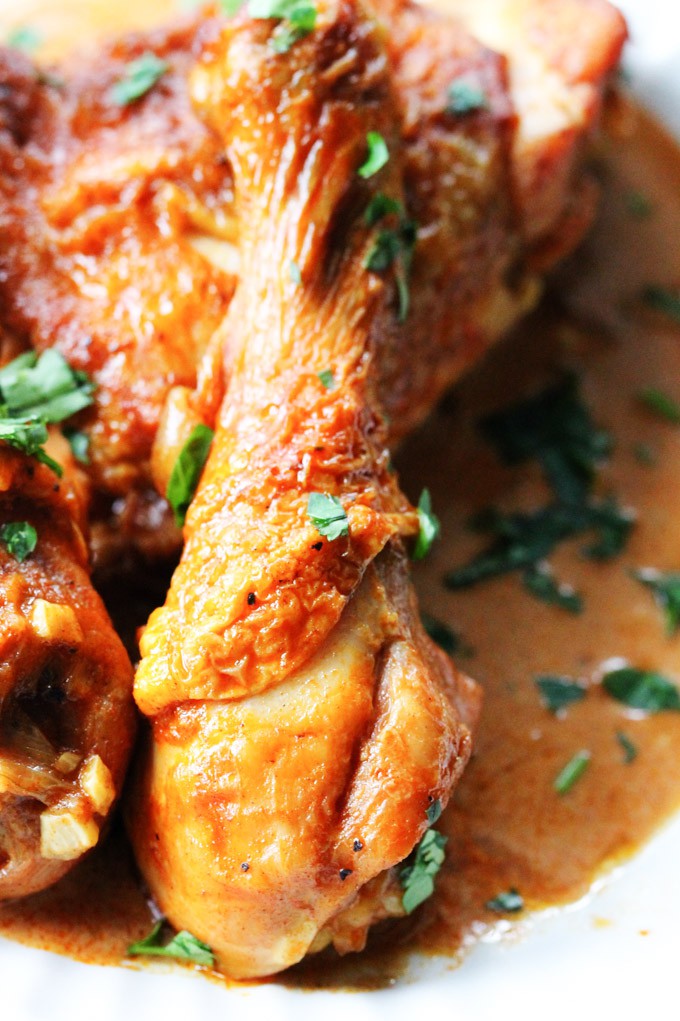 Close up shot of chicken paprikash drumstick