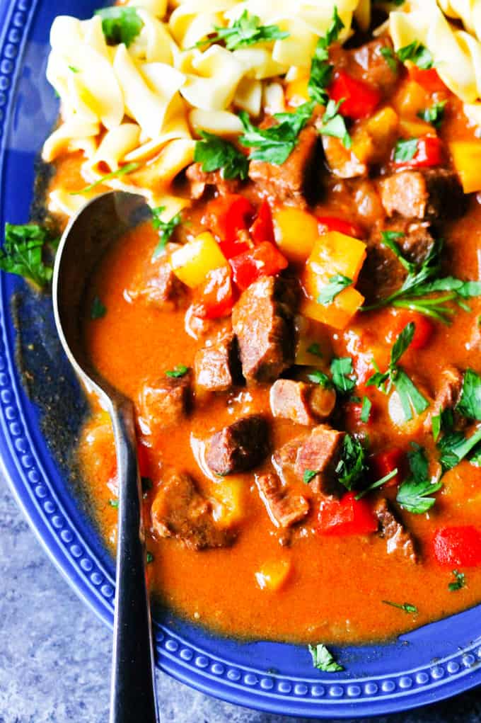 Homemade Goulash with Noodles on a serving plate with spoon