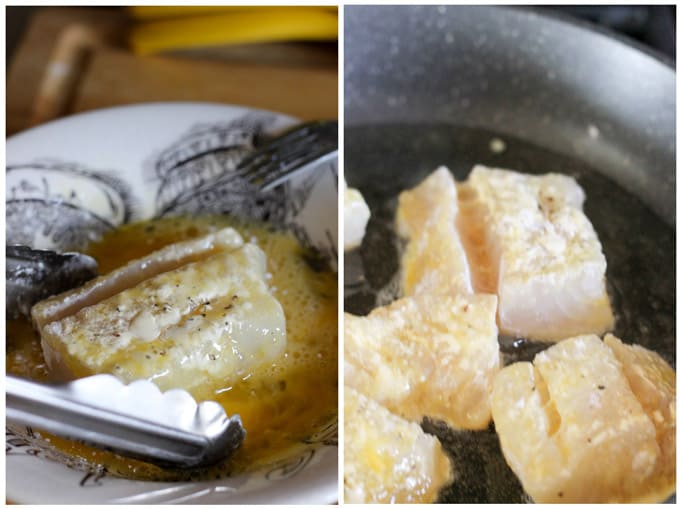 frying cod in a skillet proces shots