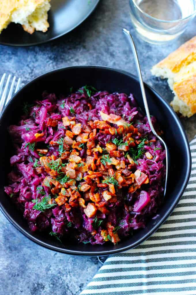 German Braised Red Cabbage in a bowl with spoon