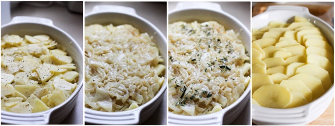 Process photos of assembling French potatoes casserole