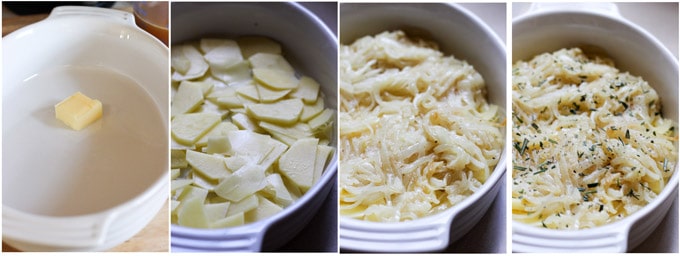 Process photos of making French Potatoes Boulangere