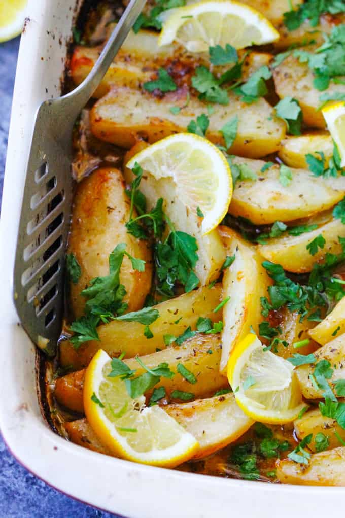 Close up shot of Greek Lemon Potatoes in a baking dish