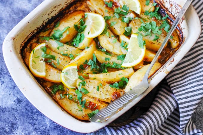 Greek Roasted Lemon Potatoes in the casserole dish