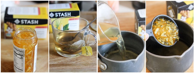 Process shots of making tea infused orange glaze for duck