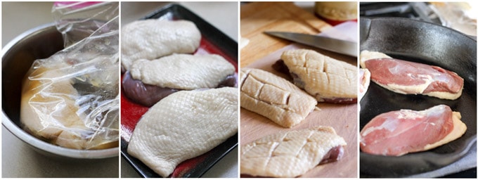 Process shots of preparing a duck breast for cooking