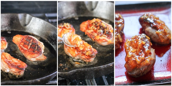 Searing the duck breast and finishing it with orange glaze