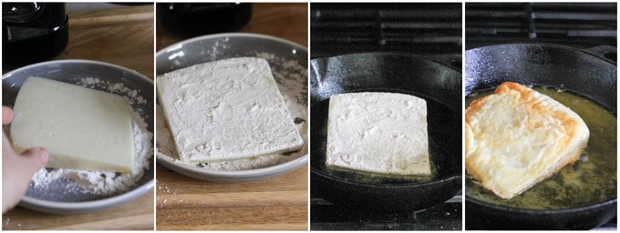 Process shots of making saganaki