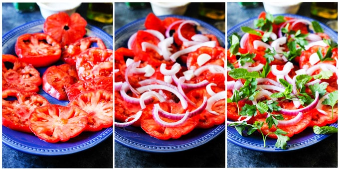 Process shots of making tomato feta salad