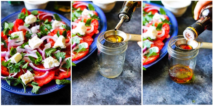 Process photos of making tomato feta salad with dressing