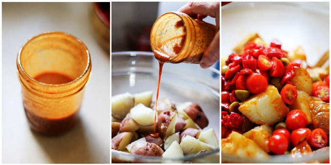 Process shots of assembling Spanish Potato Salad