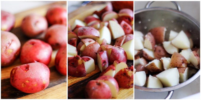 Process shots of preparing potatoes for Spanish Potato Salad