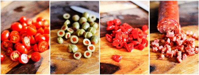 Process shots of preparing ingredients for Spanish Potato Salad