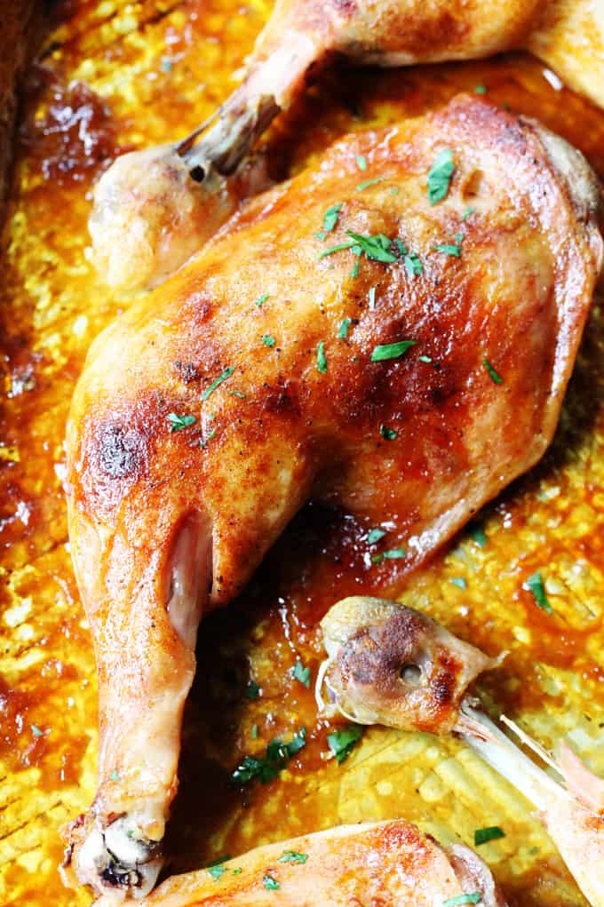 Close up shot of a slow roasted chicken leg quarter