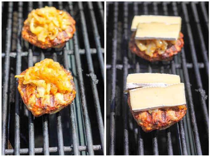 Grilling turkey burgers and adding onions and cheese - process shots