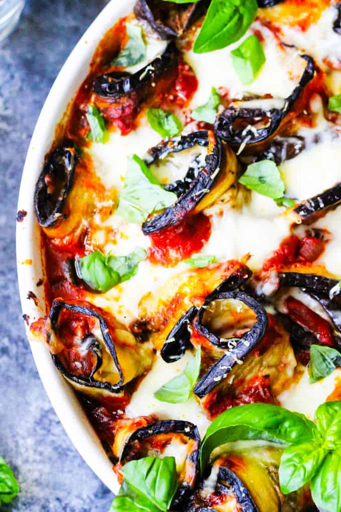 Eggplant Parmigiana Rolla Ups in Casserole Dish