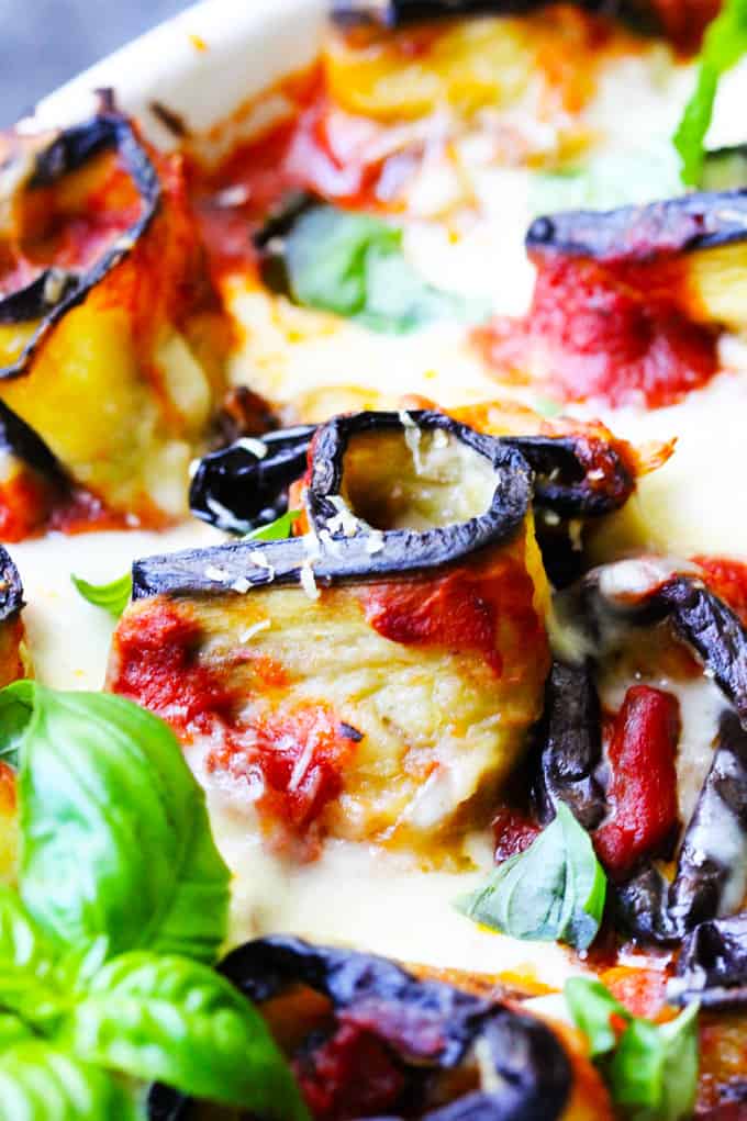 Close up shot of Eggplant Rollatini Parmigiana