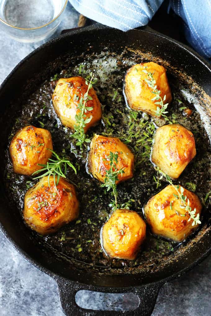 Idaho Fondant Potatoes in cast iron pan