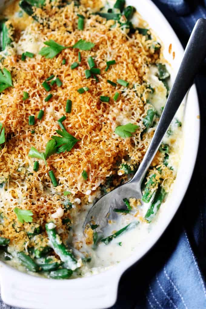 Close up shot of green bean casserole