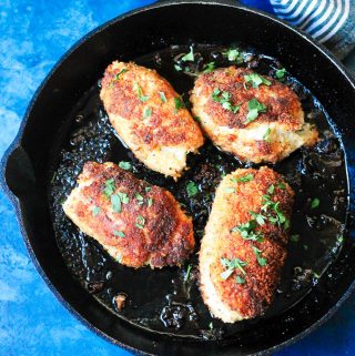 Chicken Kiev in a cast iron skillet