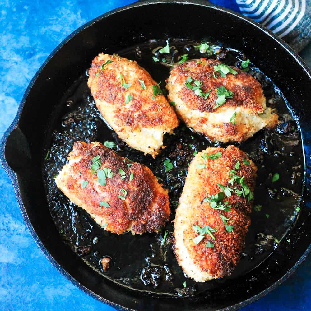 Chicken Kiev in a cast iron skillet