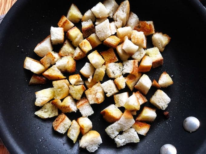 Bread croutons in a pan